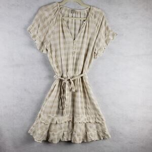 Loft Beach M Short Sleeve Ruffle Peasant Dress Cream‎ Gingham Plaid Coquette
